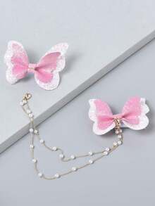 1入組女孩閃亮優雅蝴蝶&珍珠鏈髮夾