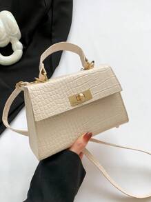 Fashionable Mini Metallic Alligator Pattern Crossbody & Handbag With Flip Lock Twist Closure - Beige - View 6