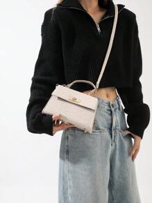 Fashionable Mini Metallic Alligator Pattern Crossbody & Handbag With Flip Lock Twist Closure - Beige - View 4