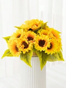 2束/1包7朵向日葵花束，黃色人造向日葵花束，帶莖絲絨仿真花，適用於室內外家居，婚禮，生日，情人節派對裝飾 - 黃色 - 查看 2