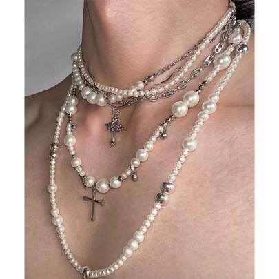 2 件人造珍珠项链四层一体式短吊坠链堆叠人造珍珠长吊坠链百搭简约时尚项链套装适合情侣在日常生活中佩戴也适合派对约会和夏日海滩海边