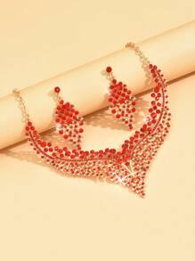 3pcs Bridal Jewelry Set, Necklace & Bracelet, With Rhinestones & Zirconia, For Wedding Dress, High-End Accessory