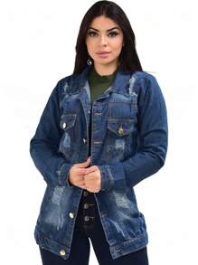 Women Denim Jackets & Coats - 深色水洗藍 - 查看 1