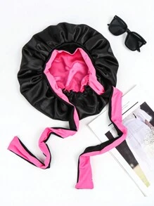 1pc Double-Layered Color Block Sleep Hat With Long Straps And Round Cap, Wig Cap