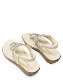 Women's Comfortable Dressy Flat Sandals Rhinestone Elastic T-Strap Thong Sandals For Summer Beach - White - View 5