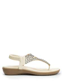 Women's Comfortable Dressy Flat Sandals Rhinestone Elastic T-Strap Thong Sandals For Summer Beach - White - View 3