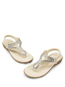 Women's Comfortable Dressy Flat Sandals Rhinestone Elastic T-Strap Thong Sandals For Summer Beach - White - View 2