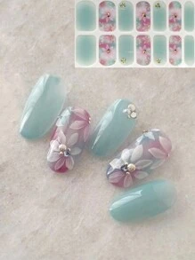 新年情人节杏仁形美甲绿色花卉3D水钻美甲贴纸，14片装美甲贴 - 彩色 - 查看 1