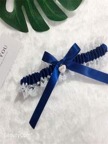 新娘婚礼腿吊袜带 - 心形吊坠蕾丝腿环吊袜带，蓝色蝴蝶结腿饰，适合婚礼派对 - 藏蓝色 - 查看 2