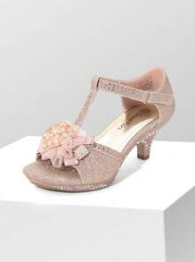 Girls Sandals Low Heel Dress Pumps Shoes Ankle Shoes T Strap Flower Rhinestones Shoes - 粉色 - 查看 1