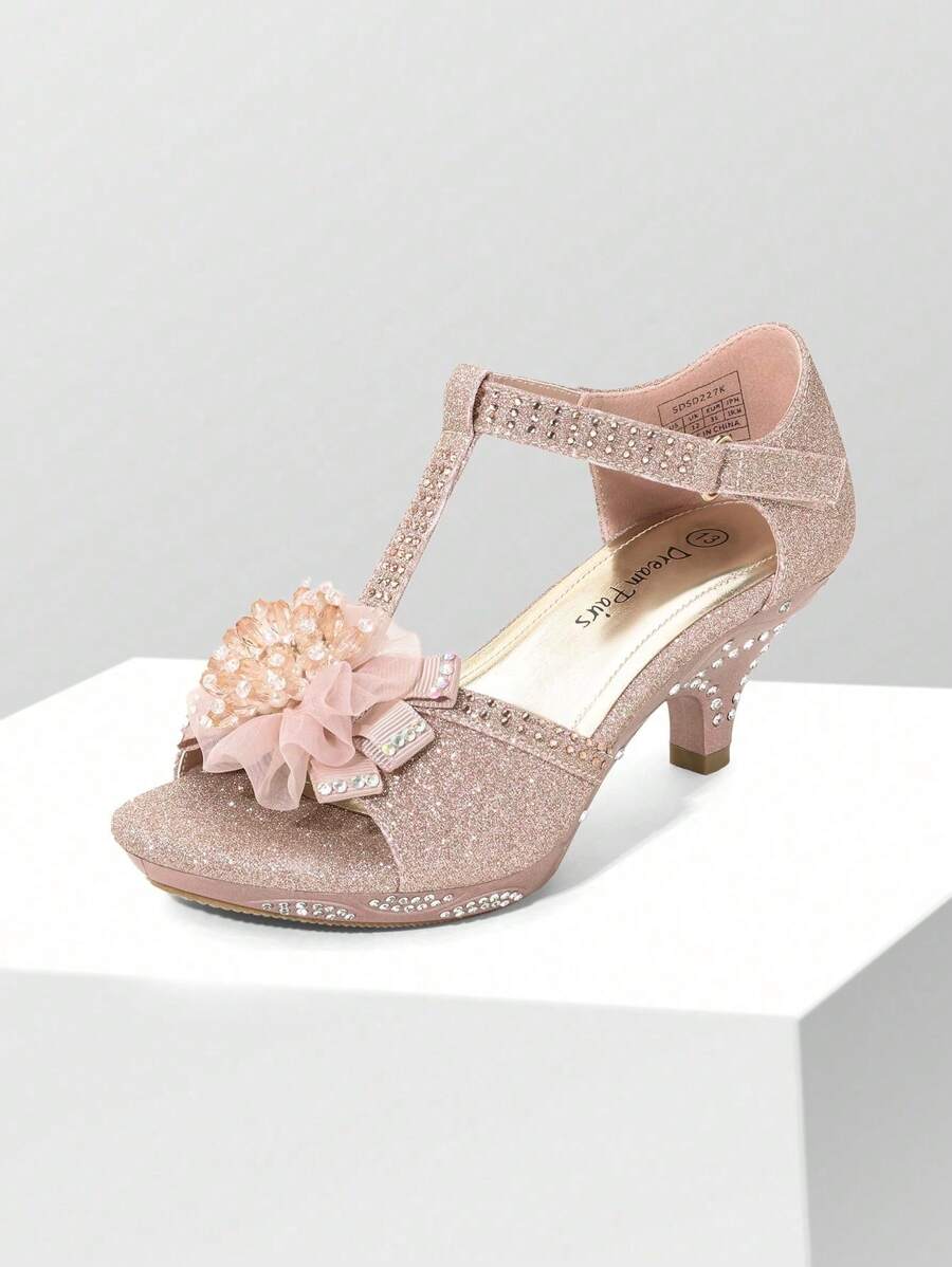 Girls Sandals Low Heel Dress Pumps Shoes Ankle Shoes T Strap Flower Rhinestones Shoes - 粉色 - 查看 1