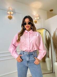 Camisa ponta com bordado tule com vidrilho - Rosa Bebê - Visão 1