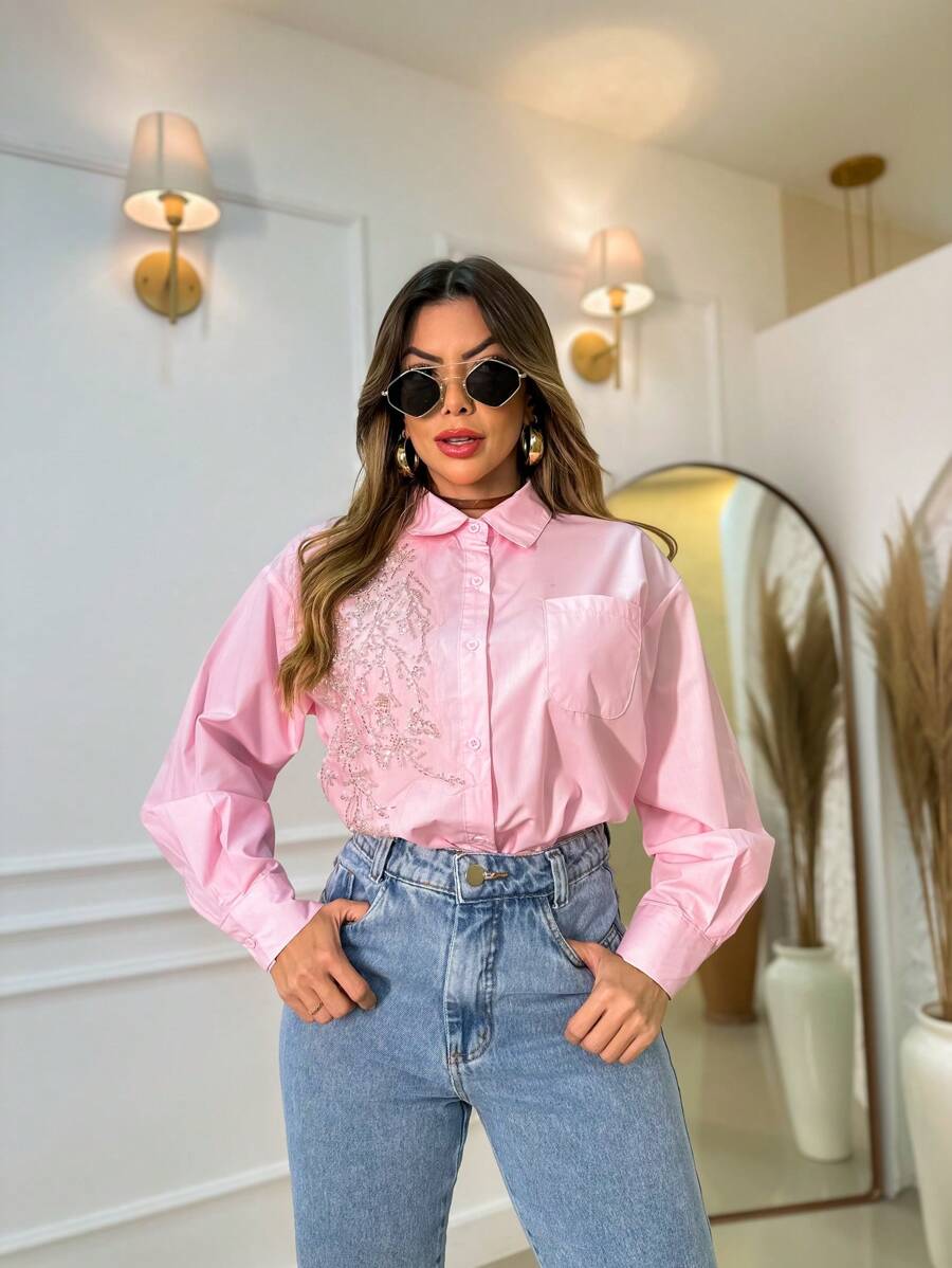 Camisa ponta com bordado tule com vidrilho - Rosa Bebê - Visão 1