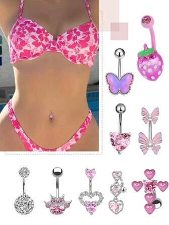 1-10Pcs Cute Pink Strawberry Heart Hypoallergenic Stainless Steel Belly Rings Butterfly Bear Claw Belly Button Ring Rhinestone Decor Navel Rings Belly Piercing Jewelry Gift For Women Girls Daily Wear Valentines
