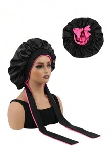 1pc Double-Layered Color Block Sleep Hat With Long Straps And Round Cap, Wig Cap