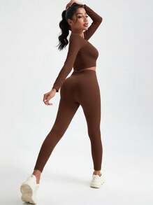 Women's Spring/Summer Ribbed Long Sleeve T-Shirt & Leggings Yoga Sportswear Set Workout Sets - Coffee Brown - View 3
