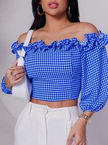 Blusa Xadrez Feminina Cropped xadrez top manga longa babado Veste 38/42 de Inverno - Azul - Visão 4