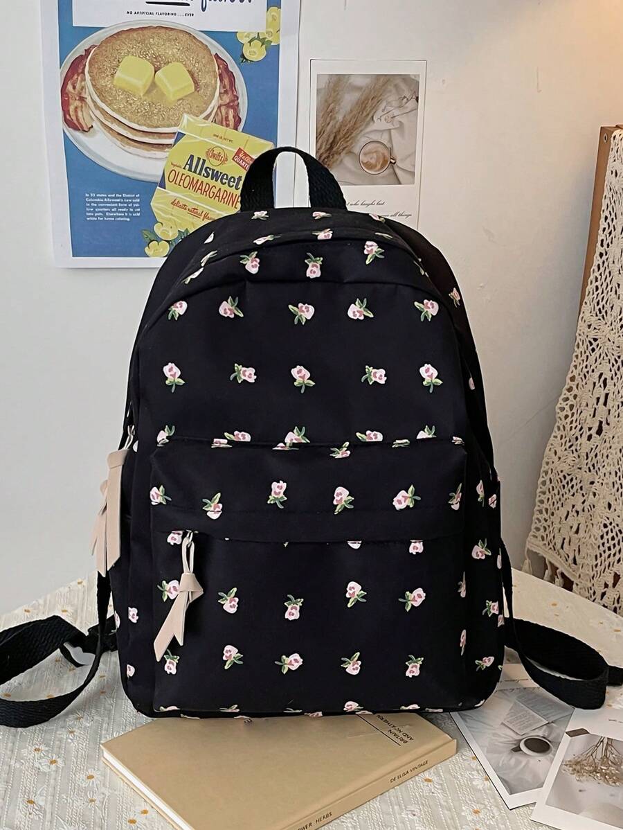 Fashion New Small Fresh Backpack, Full Body Flower Pattern Backpack, Zipper Fashion Backpack, Travel Avant-Garde Daypack (Pattern Direction Random) - Black - View 1