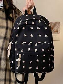 Fashion New Small Fresh Backpack, Full Body Flower Pattern Backpack, Zipper Fashion Backpack, Travel Avant-Garde Daypack (Pattern Direction Random) - Black - View 3