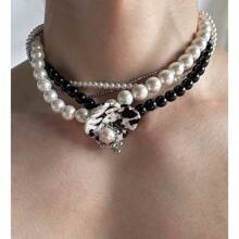 One Floral & Pearls Multi-Layered Heavy Duty Necklace, Suitable For Couple Daily Wear - Black and White Glass Beads - View 7