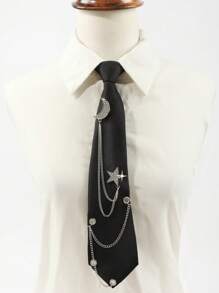 1 pieza Collar de mujer de color plateado con decoración de strass con forma de luna y estrella, borlas y cinta, perfecto para citas, uso diario y accesorios escolares para mujeres - Negro - Ver 16