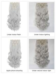 Peluca De Mujer De 18 Pulgadas, Extensiones De Cabello Ondulado Grande Y Rizado De Fibra Sintética Mate Resistente A Altas Temperaturas, 7 Piezas / Set - Plateado - Ver 11