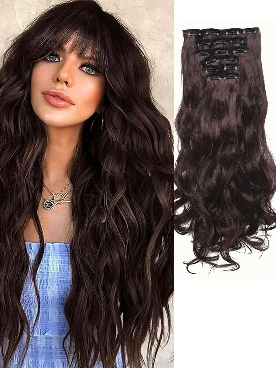 Tóc nối màu nâu 16 kẹp 6 mảnh xoăn gợn sóng, tóc giả tổng hợp cho nữ - màu nâu - Xem 1