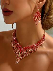 3pcs Bridal Jewelry Set, Necklace & Bracelet, With Rhinestones & Zirconia, For Wedding Dress, High-End Accessory