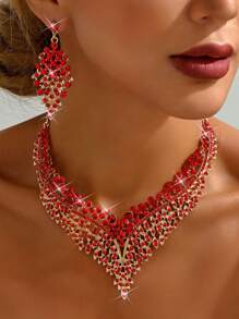 3pcs Bridal Jewelry Set, Necklace & Bracelet, With Rhinestones & Zirconia, For Wedding Dress, High-End Accessory