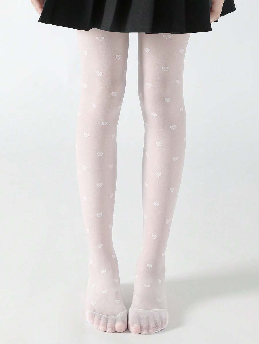 1件兒童3D花朵網眼心形圖案連褲襪 - 白色 - 查看 1