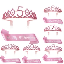 2 件/套生日装饰品，适合 5、6、7、8、9、10、13、16、18 和 21 岁女孩，包括生日皇冠和腰带。生日派对用品，女士生日礼物（粉色）