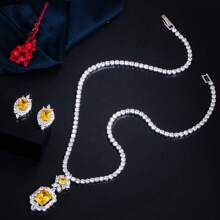 SEQUITO Ensemble De Bijoux De Mariage En Cube Aaa De Coupe Princesse À Pavé De Luxe De 2 Pièces Avec Pendentif Carré, Collier Ras-du-cou Et Boucles D'oreilles Pour Accessoires De Robe
