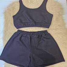 Conjunto Fernanda Bermuda cos alto mais cropped Top Tendencia da Moda. - Preto - Visão 2