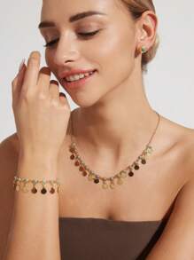 1套優雅的鍍金銅合金天然石項鍊、手鍊、耳環套裝,配有流蘇,適合女性 - 金黃色 - 查看 4