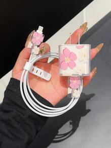 Funda de teléfono con tema de globos rosas con diseño de dos colores + Protector de cable cargador + Funda anticorrosión para cable