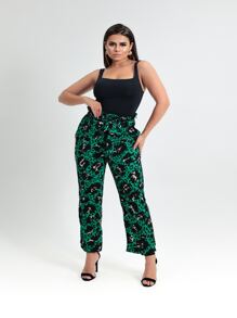 Women's High Waist Tailored Pants With Belt Animal Print Clochard Print - màu xanh lá - Xem 1
