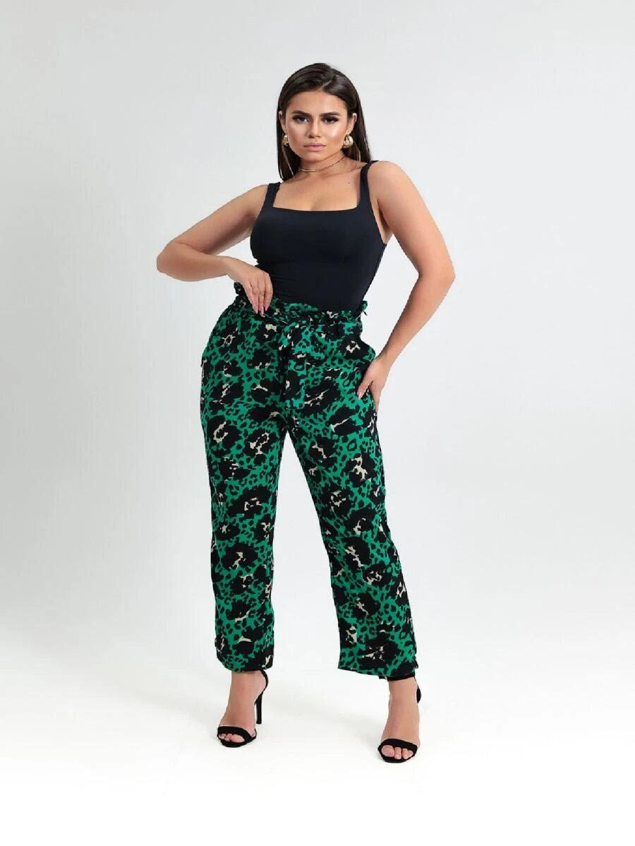Women's High Waist Tailored Pants With Belt Animal Print Clochard Print - màu xanh lá - Xem 1