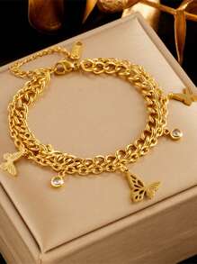 1 Pieza Vintage Y Sofisticado Pulsera De Doble Capa De Enlace De Acero Inoxidable Con Colgante De Mariposa Hueco De Metal Y Strass Para Las Mujeres, Adecuado Para Uso Diario - Pulsera - Ver 10