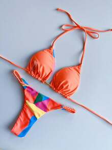 女士几何印花花边吊带性感比基尼套装 夏季