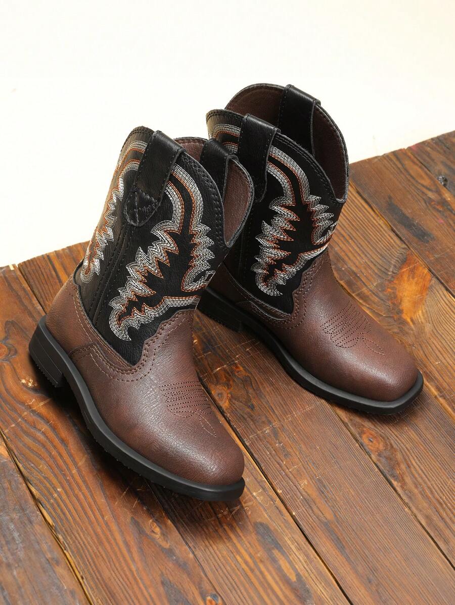 Kids Cowboy Boots, Western Style Riding Mid Calf Boots With Square Toe For Toddler & Little Boys And Girls - 巧克力棕 - 查看 1