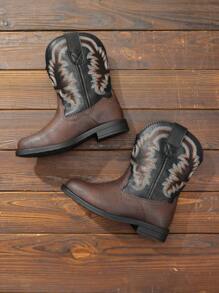 Kids Cowboy Boots, Western Style Riding Mid Calf Boots With Square Toe For Toddler & Little Boys And Girls - 巧克力棕 - 查看 3