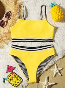 Conjunto de bikini de unicolor para niña preadolescente, conjunto de bikini lindo para playa de verano - Amarillo - Ver 1