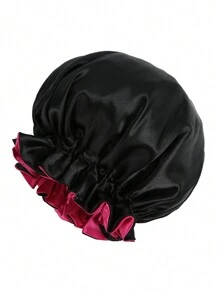 2pcs Elegant Breathable Satin Sleeping Cap - Elastic Sleep Shower Cap, Double Ruffle Trim, Women Silk Satin Sleeping Cap Sleep Bonnet - Black - View 6