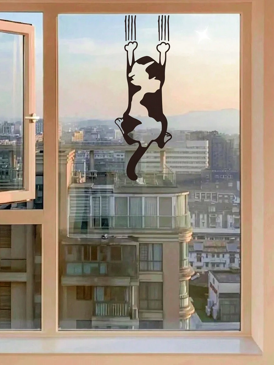 1入組靜電貼花玻璃門貼紙，爬行貓設計，創意貓形貼紙適用於廚房，陽臺，窗戶，書房，櫥櫃 - 黑色 - 查看 1