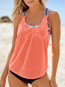 Women Racerback Tankini Set Summer Beach Tropical Printed Splicing Swimwear Two Pieces Bathing Suit - Orange - View 1