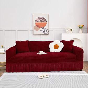 1入組純色泡泡紗簡約風格彈性全覆蓋蕾絲邊沙發套，防止貓咪灰塵和刮傷