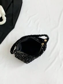 Lightweight, Business Casual Rhinestone Decor Bucket Bag Mini Drawstring Design, Clear Bag Faux Pearl Bag Evening Bag, Dinner Bag Glamorous, Elegant, Exquisite, Quiet Luxury Rhinestone For Party Girl, Woman, Bride Perfect For Party, Dinner/Banquet Christmas Party Dress, Perfectly Matching With New Years Outfit, Excellently Matching With Party Dresses For Women ,Wedding - Black - View 9