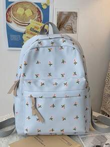Fashion New Fresh And Simple Backpack, Full Body Flower Pattern Backpack, Zipper Fashion Backpack, Travel Avant-Garde Daypack (Pattern Direction Random) - Blue - View 1
