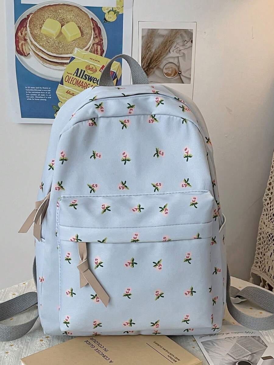 Fashion New Fresh And Simple Backpack, Full Body Flower Pattern Backpack, Zipper Fashion Backpack, Travel Avant-Garde Daypack (Pattern Direction Random) - Blue - View 1