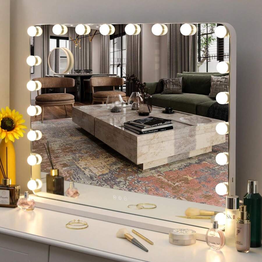 Makeup Mirror With Lighting, 80x60 Cm 20 LED Mirror, Large Cosmetic Mirror With Dimmer Light, 3 Light Colors, Touch Control, With 10x Magnification Mirror - White - View 1